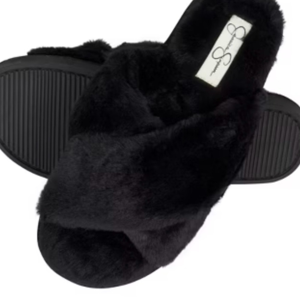 Jessica Simpson Black Faux Fur Crisscross Slide Slippers